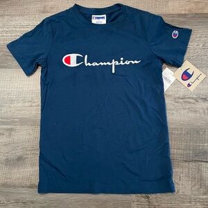 New Champion Boys Medium T- Shirt Embroidered Navy Blue Short Sleeve